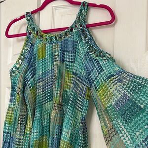 Spense Multicolor Geometric Pleated Bell Sleeve Top